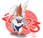 breasts cleavage clothed clothing dress female holidays medium_breasts red_eyes solo teeth_showing thyhsilverfeet chinese_new_year chinese_zodiac nintendo pokemon year_of_the_rabbit cinderace generation_8_pokemon humanoid lagomorph leporid mammal pokemon_(species) absurd_res hi_res