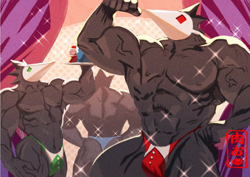 abs biceps black_body clothed clothing group male mask mostly_nude muscular nipples pecs platter pose quads sex_toy sparkles trio underwear vein nikuo deltarune tenga undertale_(series) avian darkner swatchling