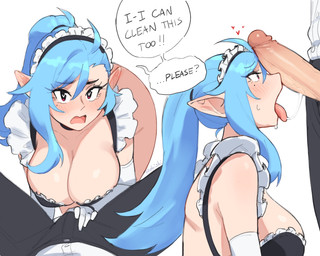 armwear big_breasts blush bodily_fluids breasts butt cleavage clothed clothed_male clothing collarbone duo erection eyelashes faceless_character faceless_human faceless_male female first_person_view fully_clothed fully_clothed_male genitals hair hand_on_bulge heart_symbol humanoid_pointy_ears long_eyelashes long_hair looking_at_genitalia looking_at_penis maid_headdress maid_uniform male male/female male_pov open_mouth penis penis_on_face pointy_ears ponytail saliva saliva_string simple_background talking_to_viewer tongue tongue_out uniform white_background robishi elf human mammal 5:4 hi_res