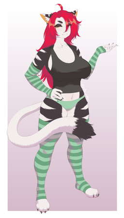 5_fingers ahoge anthro arm_warmers armwear big_breasts biped breasts claws clothed clothing feet female fingers fur hair inner_ear_fluff legwear looking_at_viewer multicolored_body multicolored_eyes navel nipple_outline panties pantsless red_hair simple_background solo striped_body striped_fur stripes tail thick_thighs thigh_highs topwear tuft two_tone_body two_tone_eyes underwear wide_hips yutsi_catboi ruby_black_(spyglass8) domestic_cat felid feline felis mammal 4:7 absurd_res hi_res