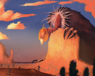 ambiguous_gender beak blurred_foreground cactus claws clothing cloud cowboy_hat feathers feral flower group hat headgear headwear looking_at_another macro male mountain plant rock sand scales trio conor29882576 the_giant_claw_(film) accipitriform avian bird equid equine horse human kaiju mammal monster vulture hi_res