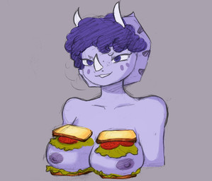3_horns anthro bone_frill bread breasts female food food_fetish food_play frill_(anatomy) fruit hair horn lettuce multi_horn narrowed_eyes nipples nude plant purple_body purple_eyes purple_hair simple_background smile solo tomato vegetable minabaudelair cavemanon_studios goodbye_volcano_high ko_op_(game_developer) snoot_game trish_(gvh) ceratopsian ceratopsid chasmosaurine dinosaur marginocephalian ornithischian prehistoric_species reptile scalie triceratops colored