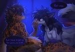 anthro breasts dialogue duo female fur grey_body grey_fur hair male markings petting_request speech_bubble spots spotted_body spotted_fur text hioshiru hioshiru_(character) leo_(amur_leo) enfield felid mammal pantherine 2023 digital_media_(artwork) english_text