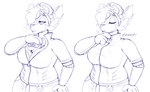 anthro big_breasts breasts clothing duo ear_piercing ear_ring female female/female larger_female piercing relieved ring_piercing sharing_clothing simple_background size_difference tight_clothing tired_eyes trapped_in_clothing white_background worried zipper geckonori nintendo pokemon caveat_(geckonori) simone_(geckonori) generation_4_pokemon luxray pokemon_(species) shinx hi_res monochrome