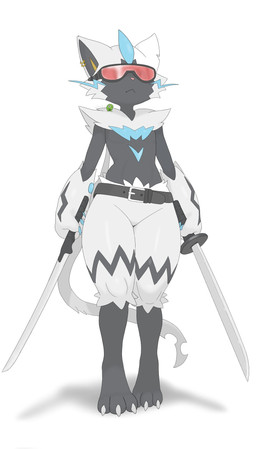 ambiguous_gender anthro belt black_body black_markings blue_markings cheek_tuft claws damaged_tail digitigrade dual_wielding ear_piercing eyewear eyewear_on_head facial_tuft featureless_chest featureless_crotch female flat_chested fur goggles goggles_on_head gold_piercing holding_object holding_weapon lightning_whiskers markings melee_weapon notched_ear nude paws piercing red_eyewear red_goggles shadow simple_background small_waist solo standing sword tail thick_thighs tuft weapon white_background white_body white_fur wide_hips shay_the_one nintendo pokemon zero_(shay_the_one) felid feline generation_7_pokemon legendary_pokemon mammal pokemon_(species) zeraora zygarde zygarde_cell digital_drawing_(artwork) digital_media_(artwork) hi_res
