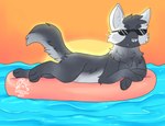 detailed_background evening eyewear feral fur grey_body grey_fur logo lying male on_front pool_toy solo sparkles sun sunglasses text water izzyhime bow_(bowhuskers) canid canine canis mammal wolf 2021 artist_logo artist_name