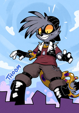 alternative_fashion anthro armwear beanie bodily_fluids boots bottomwear city city_background cityscape clothing cloud fingerless_gloves fishnet_armwear fishnet_clothing footwear fur gloves grey_body grey_fur handwear hat headgear headwear implied_growth jacket macro macro_male markings onomatopoeia pants punk punk_hair shirt shoes solo sound_effects striped_markings stripes surprised sweat sweatdrop text topwear yellow_sclera trevor-fox goo_creature mammal procyonid raccoon symbiote hi_res