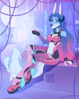 5_fingers anthro blue_eyes blue_hair blue_nose breasts cleavage clothed clothing colored_nails detailed_background eyebrows eyelashes female fingers green_eyes hair heterochromia long_hair midriff nails navel pink_nails sitting smile solo three-quarter_view sorafoxyteils sora_(sorafoxyteils) canid canine mammal digital_media_(artwork) full-length_portrait portrait signature source_request unavailable_at_source