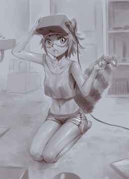 :o arms_bent bottomwear clothed clothing controller crop_top female game_controller hair holding_controller holding_game_controller holding_object inside kneeling knock-kneed legs_together looking_at_viewer midriff open_mouth raised_arm raised_hand seiza shirt short_hair shorts sink sitting solo surprised topwear vr_headset xbox_360_controller xbox_controller jiffic microsoft oculus_(brand) oculus_rift xbox xbox_360 xbox_game_studios animal_humanoid canid canid_humanoid canine canine_humanoid humanoid mammal mammal_humanoid tanuki_humanoid greyscale hi_res monochrome