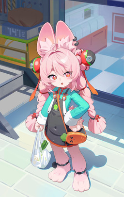 3_toes 4_fingers ahoge anthro barefoot black_bottomwear black_clothing black_skirt blush bottomwear braided_hair claws clothed clothed_anthro clothed_female clothing day detailed_background ear_piercing ear_ring feet female female_anthro finger_claws fingers food fur hair hair_intakes hand_on_hip hand_on_own_hip holding_bag inner_ear_fluff leek long_sleeve_shirt long_sleeves looking_at_viewer navel_outline onion open_mouth outside paws piercing pigtails pink_body pink_ears pink_fur pink_hair plant pupils red_eyes ring_piercing shadow shirt shopping_bag skirt solo standing suspender_skirt toes topwear tuft twin_braids twintails_(hairstyle) upper_teeth_only vegetable white_pupils young young_anthro young_female niji_(rudduf232) mihoyo zenless_zone_zero zhao_(zenless_zone_zero) lagomorph leporid mammal rabbit thiren 2026 absurd_res full-length_portrait hi_res portrait adult_(lore)