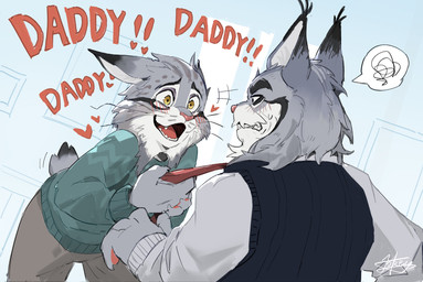 4_fingers anthro clothed clothing duo facial_hair fingers fur grey_body grey_fur grey_tail male pink_nose tail text yellow_eyes lokey disney zootopia milton_lynxley pawbert_lynxley canada_lynx felid feline lynx mammal colored english_text hi_res signature father_(lore) father_and_child_(lore) father_and_son_(lore) incest_(lore) parent_(lore) parent_and_child_(lore) parent_and_son_(lore) son_(lore)