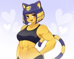 abs anthro bangs blue_hair bob_cut breasts clothed clothing crop_top fangs female hair hand_on_hip looking_at_viewer markings medium_breasts midriff muscular muscular_anthro muscular_female navel open_mouth open_smile shirt short_hair smile solo striped_markings striped_tail stripes tail tail_markings teeth topwear uraeus vtalna1 animal_crossing nintendo ankha_(animal_crossing) domestic_cat felid feline felis mammal 2023 artist_name digital_media_(artwork) half-length_portrait hi_res portrait