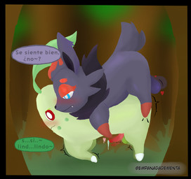 anal_orgasm balls big_ears doggystyle duo ejaculation feral forest from_behind_position genitals hands-free male male/male orgasm plant sex text tree mentafrita nintendo pokemon chikorita generation_2_pokemon generation_5_pokemon pokemon_(species) zorua hi_res spanish_text