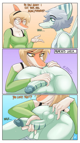accessory anal anal_fingering anthro anus balls blonde_hair bodily_fluids bottomless bottomless_male breasts butt cleavage clothed clothing dialogue dripping duo erection eyewear female female_fingering_male female_penetrating female_penetrating_male female_rimming_male fingering first_person_view genital_fluids genitals glasses green_body green_eyes grey_hair hair hair_accessory hairband hand_on_butt handjob handjob_while_fingering handjob_while_rimming imminent_cumshot looking_at_another looking_pleasured male male/female male_penetrated male_rimmed moan oral orange_body penetration penile penis precum precum_drip reach_around rimming rimming_male saliva saliva_string sex shirt simple_background submissive submissive_male tank_top text topwear yellow_eyes seven_(artist) cavemanon_studios snoot_game green_(snoot_game) melissa_(snoot_game) dinosaur hadrosaurid ornithischian ornithopod parasaurolophus prehistoric_species pterosaur reptile scalie absurd_res comic english_text hi_res