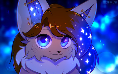 ambiguous_form blue_eyes blue_hair brown_body brown_fur brown_hair closed_smile ear_piercing ear_stud female fur hair industrial_piercing looking_at_viewer mouth_closed multicolored_hair piercing smile solo text two_tone_hair white_body white_fur bloominglynx canid canine mammal artist_name hi_res
