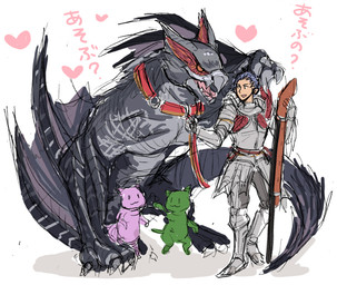 ambiguous_gender armor beak collar domestic_pet feral group heart_symbol leash male master membrane_(anatomy) membranous_wings ownership simple_background tail text weapon wings capcom european_mythology monster_hunter mythology dragon felid felyne flying_wyvern human lynian mammal mythological_creature mythological_scalie nargacuga scalie western_dragon wyvern