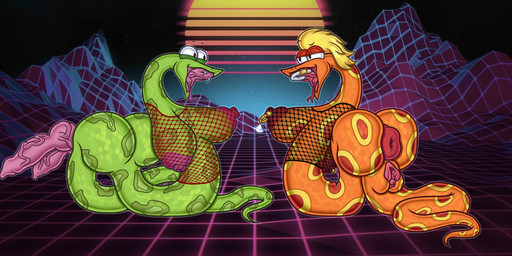 ambiguous_gender andromorph anthro blonde_hair breasts busty_feral clothing duo female feral fishnet_clothing forked_tongue genitals gynomorph hair herm hyper intersex intersex/intersex knot knotted_penis male maleherm penis piercing tongue gugleamo sanjay_and_craig craig_(sanjay_and_craig) reptile scalie snake absurd_res hi_res