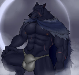 abs anthro balls_outline big_muscles big_pecs biped black_body black_fur bulge cloak clothing detailed_bulge facial_scar fangs fur genital_outline huge_pecs looking_at_viewer male muscular muscular_anthro muscular_male nipples pecs purple_eyes scar sheath_outline solo teeth underwear fleshformomo elden_ring fromsoftware blaidd_(elden_ring) canid canine canis mammal wolf 2022 digital_media_(artwork) hi_res