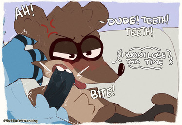 anthro balls bite bodily_fluids cum duo erection fellatio fur genital_fluids genitals male male/male oral oral_penetration penetration penile penis penis_bite sex simple_background text tongue notsafeforwanking cartoon_network regular_show mordecai_(regular_show) rigby_(regular_show) avian bird blue_jay canid corvid jay_(bird) mammal new_world_jay oscine passerine procyonid raccoon digital_media_(artwork) english_text hi_res