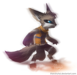 anthro belt blue_eyes brown_belt clothed clothing digitigrade fully_clothed fur grey_body grey_fur head_tuft male simple_background solo standing tail text tuft white_background thanshuhai canid canine fox mammal 2012 digital_media_(artwork) digital_painting_(artwork) full-length_portrait painting_(artwork) portrait shaded url