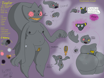 >:3 ambiguous_gender anthro bodily_fluids breasts button_(fastener) button_eyes clothing clothing_transformation dark_nipples dialogue female genitals ghost_tail inanimate_transformation magic musk musky_butt plushie simple_background slightly_chubby speech_bubble stuffing sweat text thong transformation underwear underwear_transformation vulva wedgie zipper zipper_mouth fattestmac10 nintendo pokemon animate_inanimate banette eeveelution generation_2_pokemon generation_3_pokemon living_plushie pokemon_(species) umbreon english_text hi_res model_sheet