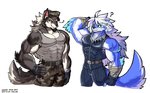 abs anthro belt biceps clothed clothing facial_hair fingerless_gloves fur gloves goatee group hair handwear male muscular muscular_male pecs simple_background wolfmalro cheong_hwan canid canine canis mammal wolf 2019 digital_media_(artwork) hi_res