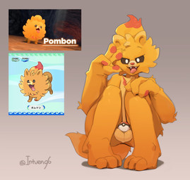 anthro balls chastity_cage chastity_device femboy fur genitals gesture hand_gesture looking_at_viewer male orange_body orange_fur pokeball pokeball_chastity_cage skinny solo tail tongue tongue_out v_sign intven96 lockball nintendo pokemon pokemon_winds_and_waves canid canine generation_10_pokemon mammal pokemon_(species) pombon 2026 hi_res