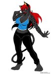 anthro bottomwear breasts clothing female fur grey_body grey_fur hair markings navel open_mouth pants red_hair shirt solo spots spotted_body spotted_fur text topwear deonwolf dalynxie felid feline lynx mammal 2009 digital_media_(artwork) english_text flat_colors hi_res