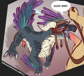 alternate_species aviator_goggles balls bestiality blue_eyes bodily_fluids breath bridle chest_tuft claws cum cum_drip cum_in_mouth cum_inside cumshot digitigrade dripping duo ejaculation erection feathers feral finger_claws genital_fluids genitals green_body green_feathers grey_body grey_scales horn human_on_feral humanoid_genitalia humanoid_penis interspecies leaking_cum male male/male male_on_feral open_mouth oral penis precum precum_drip purple_body purple_feathers scales shadow simple_background text toe_claws tuft darkenstardragon capcom monster_hunter fatehunter bird_wyvern human mammal scalie seikret english_text hi_res url