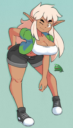 big_breasts black_bottomwear black_clothing black_eyebrows black_footwear black_shoes black_shorts bottomwear breasts brown_body brown_breasts brown_ears brown_skin cleavage clothed clothed_female clothed_humanoid clothing collarbone crop_top drop_shadow eyebrows female female_humanoid footwear freckled_breasts freckled_face freckled_knees freckles green_clothing green_jacket green_topwear hair humanoid_pointy_ears jacket leaning leaning_forward long_hair looking_aside navel not_furry one_eye_closed open_clothing open_jacket open_topwear orange_eyes pointy_ears pose pupils shirt shoes shorts solo tan_hair thick_eyebrows topwear white_clothing white_crop_top white_pupils white_sclera white_topwear wink genocityzone autumn_(genocityzone) amphibian elf frog humanoid 2025 digital_media_(artwork) hi_res
