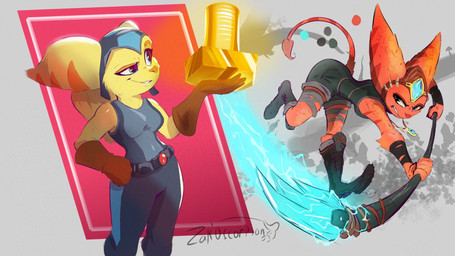 action_pose anthro belt breasts clenched_teeth clothed clothed_anthro clothed_female clothing duo female fur gold_(metal) holding_object markings melee_weapon orange_body orange_fur polearm pose smile spacesuit spear striped_body striped_markings stripes teeth weapon yellow_body yellow_fur zakoscorpion1 ratchet_and_clank sony_corporation sony_interactive_entertainment angela_cross lombax mammal 16:9 hi_res widescreen