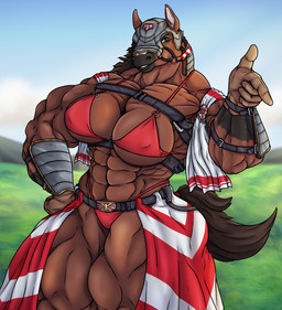 abs anthro armor belt biceps big_breasts breasts brown_body brown_fur brown_hair clothed clothing detailed_background female fur gesture green_eyes hair hand_gesture headgear helmet muscular muscular_female outside pecs pointing pointing_at_viewer skimpy smile solo loool10_(artist) equid equine horse mammal absurd_res hi_res