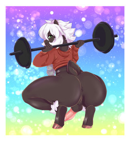 anthro anus backsack balls big_butt biped butt clothed clothing erection exercise femboy fingers genitals hair hooves horn looking_at_viewer looking_back looking_back_at_viewer male partially_clothed penis perineum presenting presenting_anus presenting_hindquarters presenting_penis rear_view smile smiling_at_viewer solo tail thick_thighs weightlifting workout vaini bovid caprine mammal sheep absurd_res hi_res