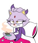 absurd_res anthro bedding beverage blanket blaze_the_cat clothing container cup felid feline female fur hi_res holding_container holding_cup holding_object ill mammal pillow purple_body purple_fur runny_nose sega shirt simple_background solo sonic_the_hedgehog_(series) tea_cup thenovika topwear yellow_eyes