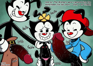 anthro balls big_penis black_body bodily_fluids bottomless bottomwear clothed clothing erection featureless_chest female flat_chested flower genitals group hands_on_shoulder hat headgear headwear huge_penis hyper hyper_genitalia hyper_penis imminent_rape imminent_sex looking_at_viewer male nervous nipples nude panties pants penis plant shirt smile standing sweat text topless topwear trio underwear young young_anthro young_female young_male garabatoz animaniacs warner_brothers dot_warner wakko_warner yakko_warner canid canine canis domestic_cat domestic_dog felid feline felis mammal 2026 english_text brother_(lore) brother_and_sister_(lore) sibling_(lore) sister_(lore)