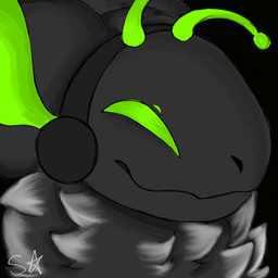 antennae_(anatomy) anthro black_background green_antennae green_eyes grey_head grey_tuft machine neck_tuft no_pupils simple_background smile solo tuft unknown_artist protogen 1:1 hi_res