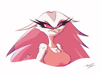 angry anthro beak big_breasts breasts clothing feather_hair feathers female hair long_hair pseudo_hair red_eyes solo white_body white_hair adam_clowery hellaverse helluva_boss stella_(helluva_boss) avian bird demon 2024 hi_res