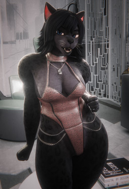 ahoge anthro black_body black_fur black_hair blue_eyes breasts brown_clothing brown_leotard chain cleavage clothed clothing fangs female fur hair inside jewelry leotard looking_at_viewer markings medium_breasts medium_hair necklace open_mouth solo spots spotted_body spotted_fur teeth thick_thighs whiskers wide_hips annoad annoad_(modeler) shani_(annoad) felid mammal pantherine 3d_(artwork) digital_media_(artwork) hi_res
