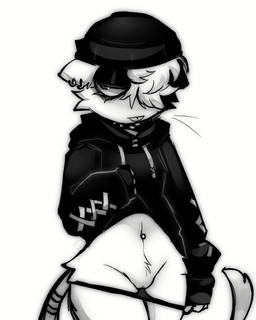 anthro clothed clothing ear_piercing eyelashes eyeliner female front_view genitals hat headgear headwear jacket makeup navel navel_piercing panties panties_down partially_clothed piercing solo tail tongue tongue_out topwear tuft underwear underwear_down undressing vulva h0t-garbage epic_games fortnite meow_skulls domestic_cat felid feline felis mammal 4:5 absurd_res hi_res monochrome signature