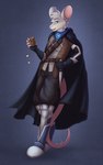 anthro bandolier belt boots bottomwear cheek_tuft cloak clothing coin coin_pouch dagger facial_tuft feet fluffy footwear fur grey_body grey_fur hand_on_hip holding_dagger holding_melee_weapon holding_object holding_weapon kerchief male melee_weapon neckerchief neckwear oversized_bottomwear oversized_clothing oversized_pants pants pink_feet pink_hands pink_nose pouch_(clothing) rogue shoes solo tail throwing_knife tuft weapon yumiix arwin_(golddrake) mammal murid murine rat rodent hi_res