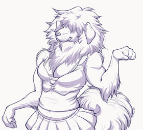 anthro biped bottomwear breasts clothed clothing female navel simple_background skirt solo standing white_background fyrn canid canine canis domestic_dog mammal 2015