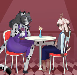 4_toes 5_fingers alcohol anthro antlers beverage black_body black_fur black_hair black_spots blue_eyes breasts brown_body brown_fur chair cleavage clothed clothing date dipstick_tail dress duo embarrassed erection exhibitionism feet female femboy fingers foot_fetish foot_play footjob fur furniture genitals grey_hair hair horn humanoid_hands larger_female looking_at_another looking_at_partner male male/female markings multicolored_tail narrowed_eyes penile penis purple_clothing purple_dress sex simple_background sitting size_difference smaller_male smile smug spots table tail tail_markings toes under_table under_table_footjob white_body white_fur wine anarchy_puppet aster_faye illisia felid jackalope lagomorph leporid mammal pantherine rabbit snow_leopard 2020 absurd_res digital_media_(artwork) hi_res
