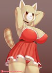 anthro bedroom_eyes big_breasts blush breasts chemise clothed clothing female hands_behind_head lingerie mature_anthro mature_female narrowed_eyes nipple_outline seductive simple_background smile solo thong underwear rainven aggretsuko sanrio retsuko's_mother ailurid mammal red_panda absurd_res hi_res