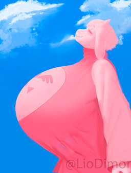 anthro big_breasts breasts clothed clothing cloud female female_anthro fingers floppy_ears fur horn huge_breasts hyper hyper_breasts pink_body pink_clothing pink_fur solo liodimor undertale undertale_(series) toriel boss_monster_(undertale) bovid caprine goat mammal 2025 hi_res