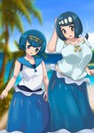 accessory beach big_breasts blue_hair blurred_background blush breasts clothing confusion dress duo eyebrows female freckles front_view gem glistening glistening_body glistening_hair hair hair_accessory hand_on_head legwear long_hair not_furry open_mouth palm_tree pearl_(gem) plant pupils sea seaside shirt short_hair simple_background sky standing topwear transformation tree water white_body white_pupils white_skin yeamurumi nintendo pokemon lana's_mother lana_(pokemon) generation_7_pokemon human mammal marine pinniped pokemon_(species) primarina 2023 absurd_res digital_drawing_(artwork) digital_media_(artwork) hi_res daughter_(lore) mother_(lore) mother_and_child_(lore) mother_and_daughter_(lore) parent_(lore) parent_and_child_(lore) parent_and_daughter_(lore)