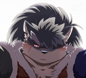anthro blush embarrassed eyebrows first_person_view fur grey_body grey_fur male red_eyes samurai scar solo thick_eyebrows warrior ren_izayoi lifewonders tokyo_afterschool_summoners shino_(tas) canid canine canis domestic_dog mammal