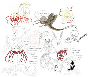 8_legs :o ambiguous_gender black_tail black_text blood bodily_fluids body_horror bone brown_body brown_wings crown eyeless feral fur grin group headgear long_fingers nervous nervous_sweat nosebleed open_mouth open_smile simple_background skeleton smile solid_circle_eyes spider_legs sweat tail teeth text thought_bubble torn_wing white_background wings yellow_teeth jejejunum arthropod fraid_(species) insect monster nethermare 2026 digital_drawing_(artwork) digital_media_(artwork) english_text hi_res