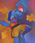 anthro avian backpack banjo-kazooie bird bottomwear boxer_briefs clothed clothing colorful_background falco_lombardi falcon falconid hi_res humanoid looking_at_viewer male nintendo rareware sagging_pants shaded shorts smile solo star_fox swordsofsevens topless traditional_media_(artwork) underwear