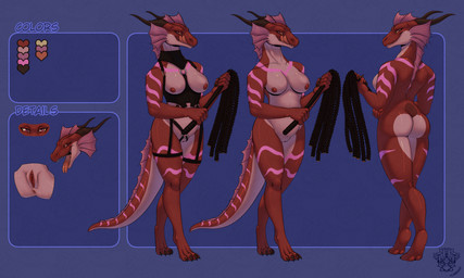 anthro anus bdsm bdsm_gear breasts claws female frill_(anatomy) genitals harness horn licking licking_lips long_tail looking_at_viewer markings membrane_(anatomy) membranous_frill nipples nude nude_female red_body solo striped_markings stripes tail tongue tongue_out vulva whip flabberd mythology dragon mythological_creature mythological_scalie scalie model_sheet