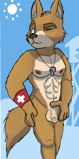 animal_genitalia anthro balls beach feet flaccid genitals lifeguard looking_at_viewer male muscular nipples nude one_eye_closed penis sheath skinny sky smile smiling_at_viewer solo toes whistle_(object) whistle_around_neck wink winking_at_viewer spicy_poncho canid canine mammal hi_res